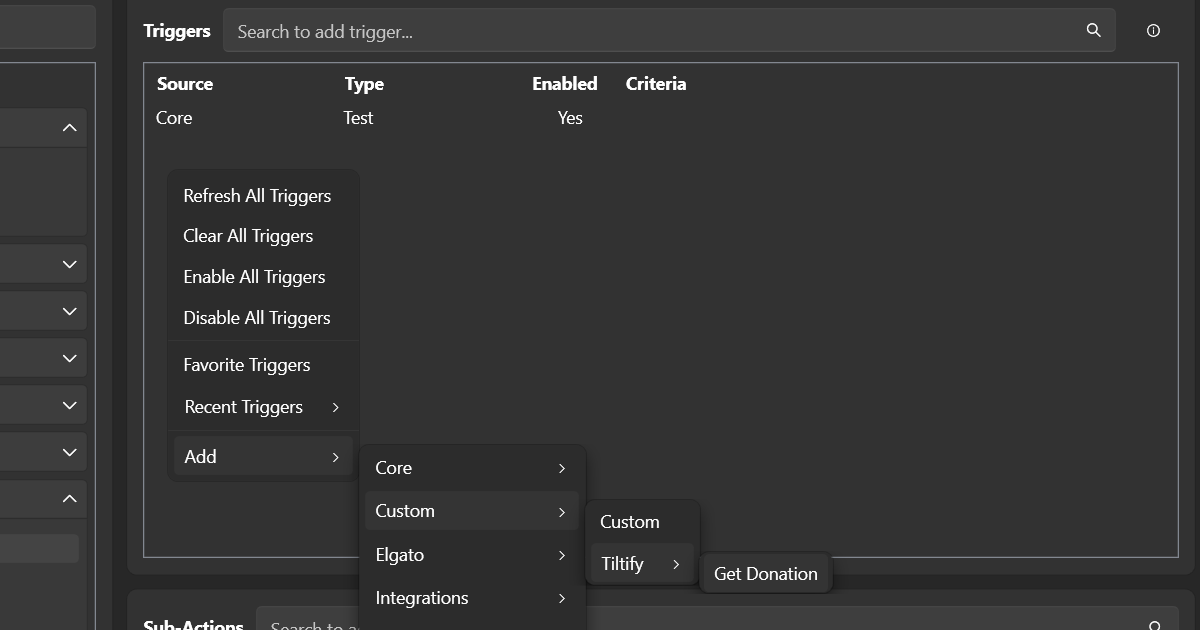 After restarting Streamer.Bot, Get Donation should appear under the Custom option of the Triggers menu.